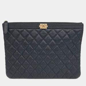 Pre Owned Chanel Black Leather Caviar Boy Clutch New Medium