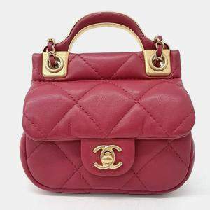 Pre Owned حامل بطاقات شانيِل قلاب سلسلة جلد أحمر