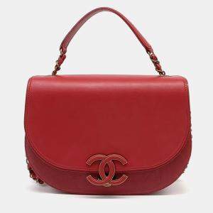 Pre Owned Chanel Red Leather Curve Messenger Tote and Crossbody Bag