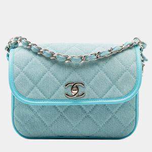 Pre Owned Chanel Blue Small CC Quilted Denim Messenger Flap