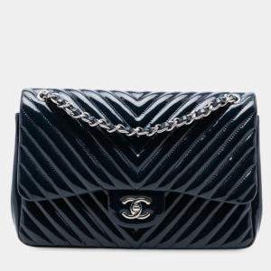 Pre Owned Chanel Blue Jumbo Classic Chevron Patent Double Flap