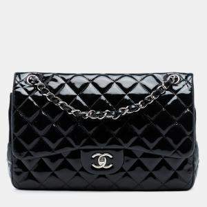مملوكة مسبقًا حقيبة شانيل كلاسيكية مزدوجة قلاب جلد لامع كبيرة سوداء