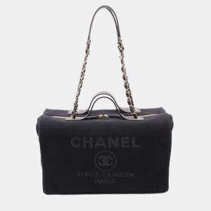 Pre Owned Chanel Deauville Shoulder Bag Canvas Leather Navy