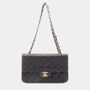 Pre Owned Chanel Matelasse Double Flap Shoulder Bag In Lambskin Leather Black