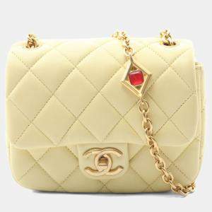 Pre Owned Chanel Mini Matelasse Shoulder Bag Lambskin Leather Yellow