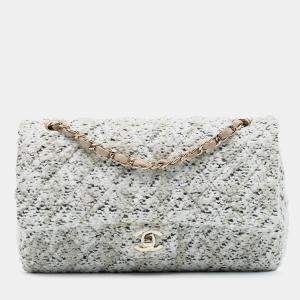 Pre Owned Chanel White Medium Classic Tweed Double Flap