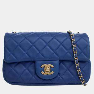 Pre Owned Chanel Blue Mini Rectangular Classic Lambskin Pearl Crush Single Flap