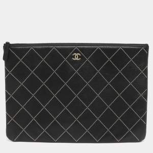 Pre Owned Chanel O Case Large Black Quilted Leather Clutch