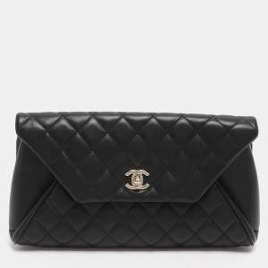 Pre Owned Chanel Fold Over Black Quilted Leather Clutch