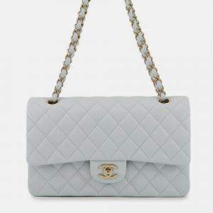 Pre Owned Chanel Matelasse W Flap Chain shoulder Bag Light Blue Caviar Leather Size 25