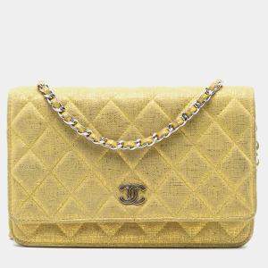 Pre Owned Chanel Yellow CC Quilted Metallic Fabric Wallet On Chain