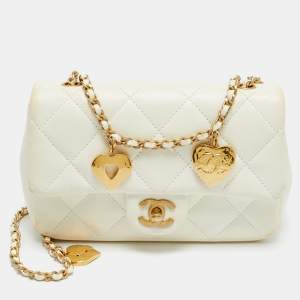 Pre Owned Chanel Heart Charm Classic Single New Mini White Quilted Leather Flap Bag