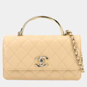 مملوكة مسبقًا محفظة شانيل بسلسلة يد 2-طريق ماتلاسي جلد الحمل لون بيج