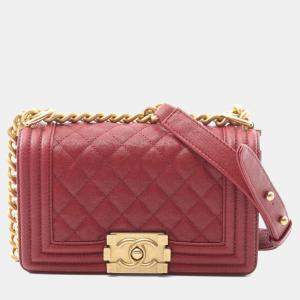Pre Owned Chanel Boy Chanel Small Shoulder Bag In Calfskin Leather Red