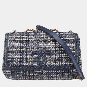 مملوكة مسبقًا Chanel Cc Filigree Coco Mark Python Embossed Chain Shoulder Bag In Navy Tweed And Leather
