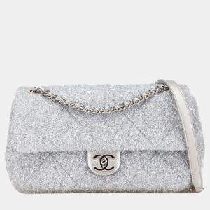 Pre Owned Chanel Pour Tou Glitter Chain Shoulder Bag Silver Microfiber Lambskin