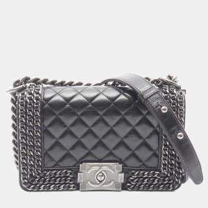 Pre Owned حقيبة شانيل بوي شانيل كتف صغيرة سوداء جلد خروف جلد غنم