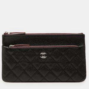 Pre Owned Chanel Black Quilted Caviar Double Zip Cosmetic Case