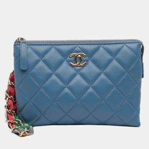 Pre Owned Chanel Blue CC Quilted Lambskin Ribbon Clutch