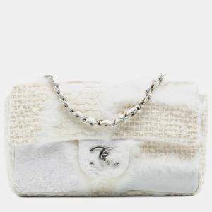 مملوكة مسبقًا Chanel White Medium Tweed and Mixed Medium Patchwork Single Flap