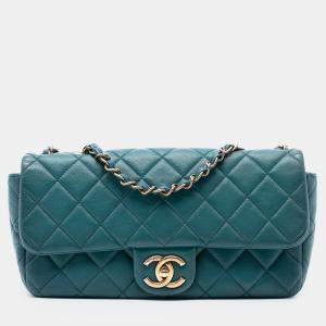 Pre Owned Chanel Blue CC Quilted Lambskin East West Single Flap
