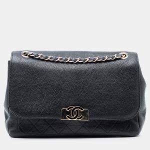 Pre Owned Chanel Black Quilted Caviar CC Plate Flap Pocket Shoulder Bag
