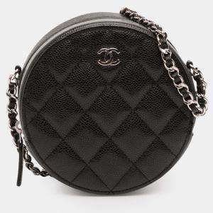 Pre Owned Chanel Black CC Quilted Caviar Round Clutch With Chain