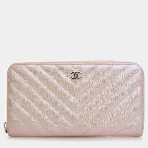 Pre Owned Chanel Pink CC Chevron Iridescent Caviar Zip Around Wallet