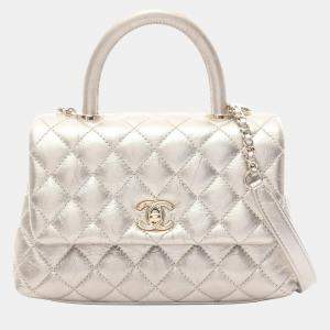 Pre Owned Chanel Coco Handle Metallic Silver Leather Top Handle Bag