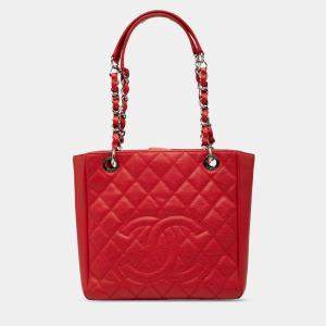 Pre Owned Chanel Red Caviar Petite Shopping Tote