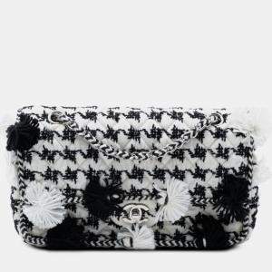 Pre Owned Chanel Black White Medium Classic Embroidered Canvas Double Flap