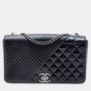 Pre Owned Chanel Black Large Glazed Calfskin Coco Boy Flap