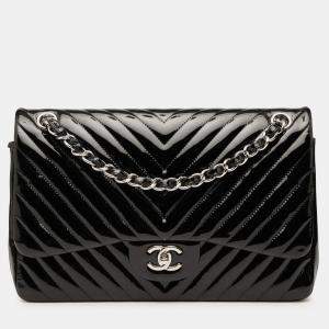 Pre Owned Chanel Black Jumbo Classic Chevron Patent Double Flap