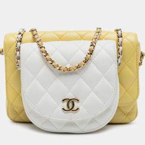 مملوكة مسبقًا Chanel White Yellow CC Quilted Lambskin Side Packs Flap