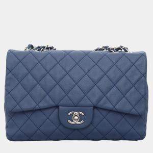 Pre Owned Chanel Blue Soft Caviar Jumbo Single Flap Bag