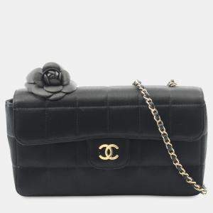 Pre Owned Chanel Black Mini Choco Bar Quilted Satin Camellia Flap
