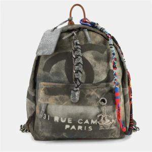 Pre Owned Chanel Act II Graffiti Khaki Canvas and Leather Backpack
