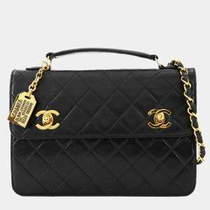 Pre Owned Chanel Double CC Turn Lock Cambon Charm Small Black Quilted Lambskin Shoulder Bag