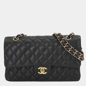 Pre Owned Chanel Classic Double Flap Medium Black Caviar Leather Chain Shoulder Bag