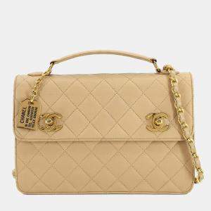 Pre Owned Chanel Double CC Turn Lock Cambon Charm Small Beige Quilted Lambskin Shoulder Bag
