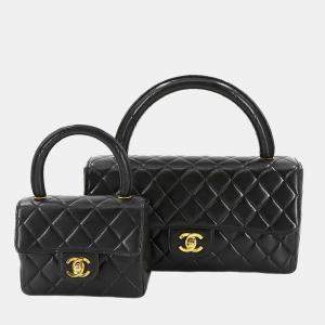 Pre Owned Chanel Vintage Twin Flap Set Black Leather Handbags