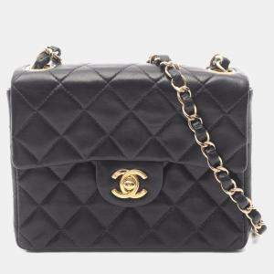 Pre Owned Chanel Mini Matelasse Shoulder Bag Lambskin Leather Black