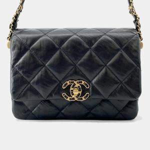 Pre Owned Chanel Chain Shoulder Bag Matelasse Coco Mark 19 Leather Black