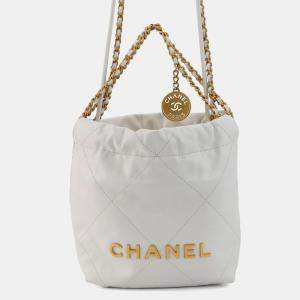 Pre Owned Chanel 22 Mini Handbag With Coco Mark Shiny Calfskin Leather White