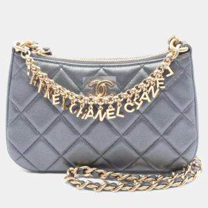 Pre Owned Chanel Matelasse Coco Mark Shoulder Bag In Lambskin Leather Gray
