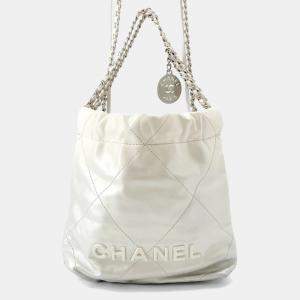 Pre Owned Chanel 22 Mini Handbag With Coco Mark Shiny Calfskin Leather White