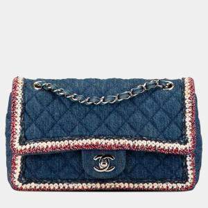 Pre Owned Chanel Matelasse Coco Mark Chain Shoulder Bag Handbag Blue Red Denim