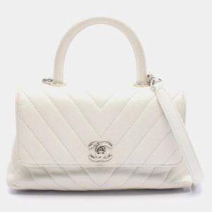 Pre Owned Chanel Coco Handle Flap Matelasse Handbag In Calfskin Leather White