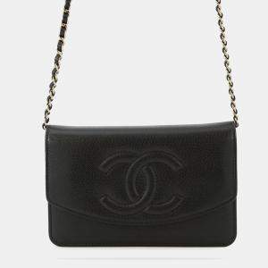 Pre Owned Chanel Chain Wallet With Coco Mark And Caviar Skin Black