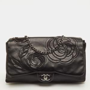 مملوكة مسبقًا Chanel 3 Accordion Black Camellia Leather Flap Bag